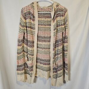 Roxy Hooded Open Front Cardigan L Multicolor Boho Striped Open Knit Beach Summer